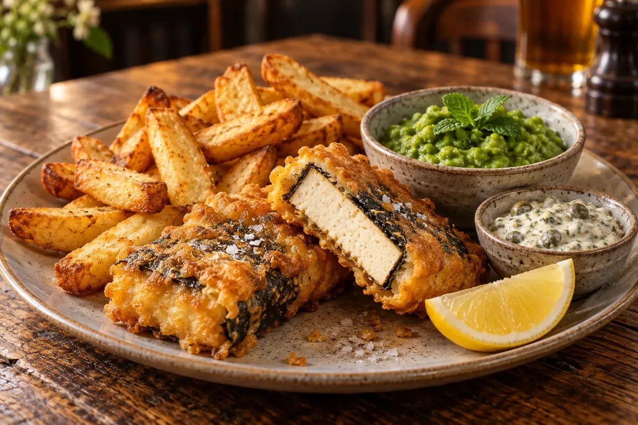 Vegansk fish and chips med norilindad tofu och ärtpuré