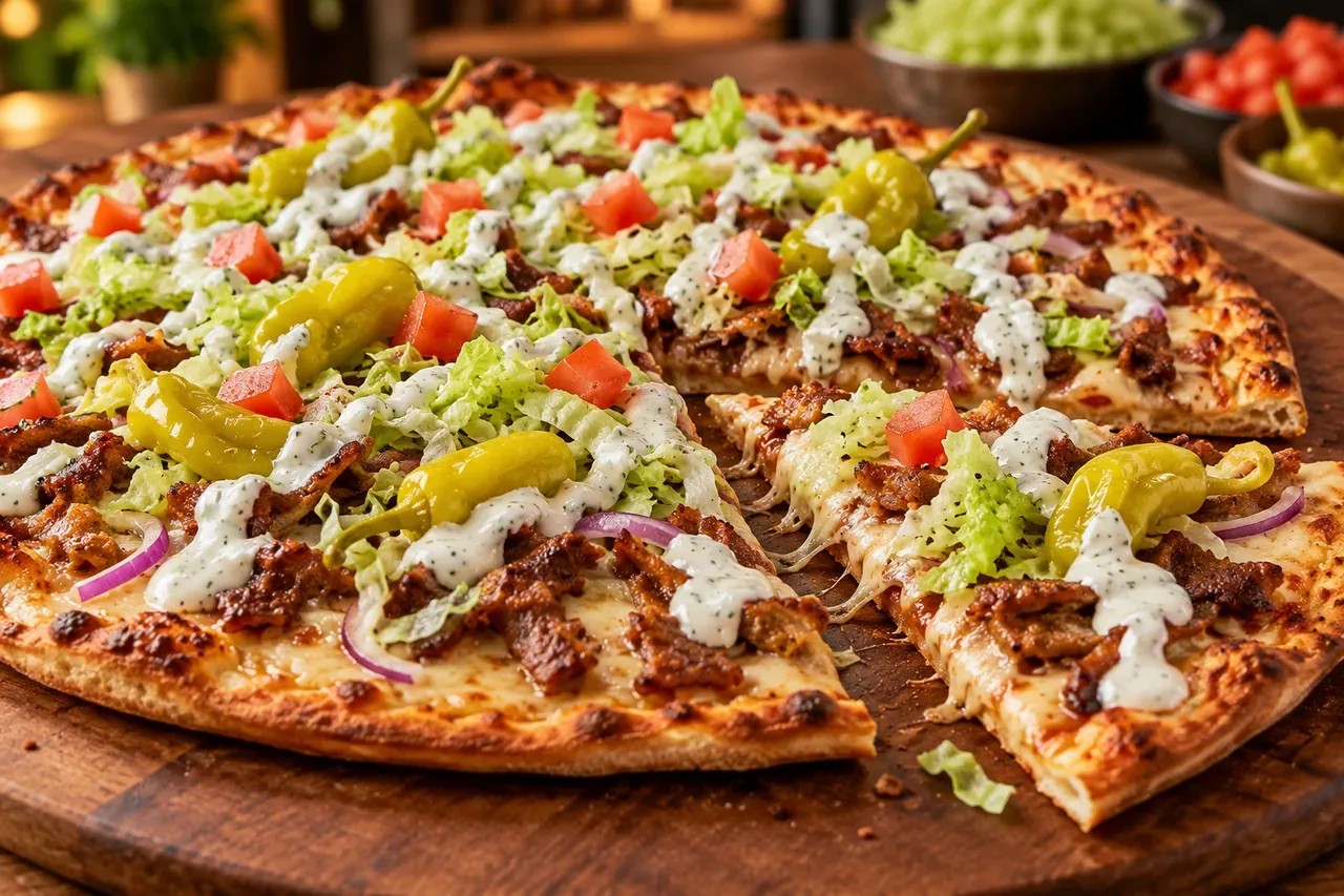 Vegansk kebabpizza med sojastrimlor och vitlökssås