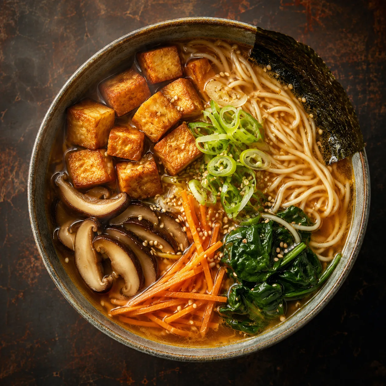 Vegansk misoramen med stekt tofu och shiitake
