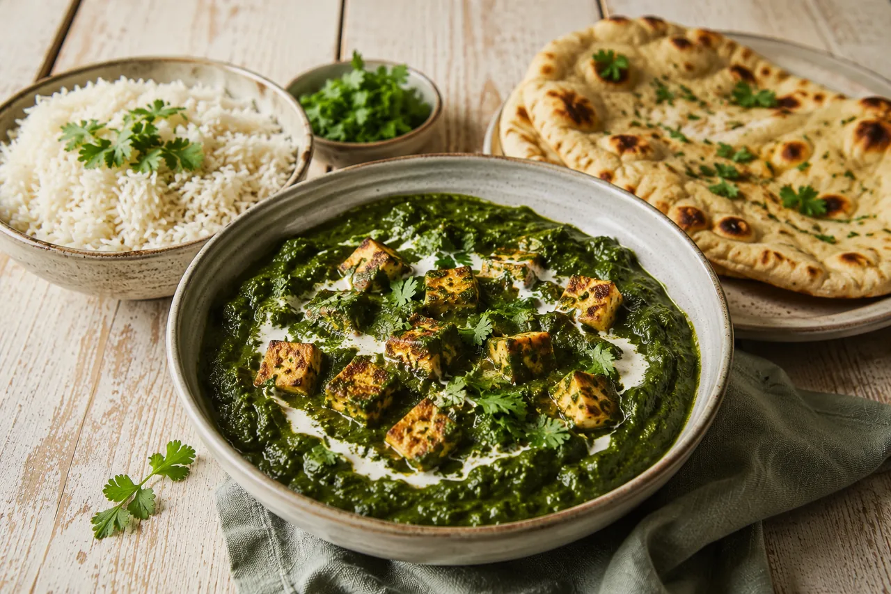 Vegansk palak paneer med stekt tofu
