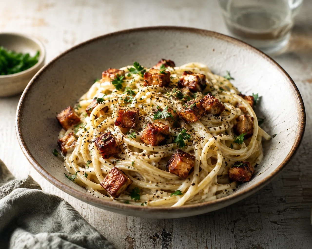 Vegansk pasta carbonara med rökt fejkon