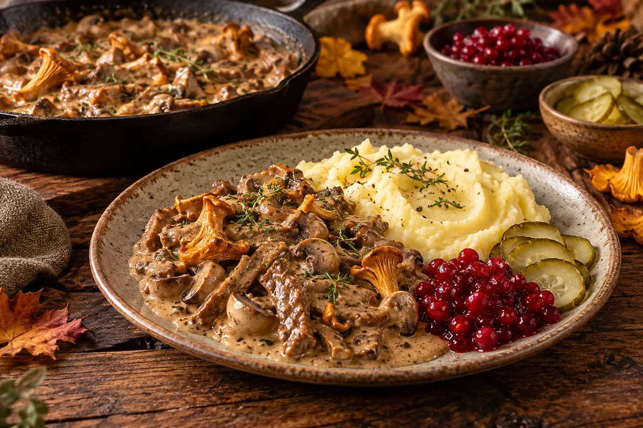 Vegansk renskav med svamp, potatismos och lingon