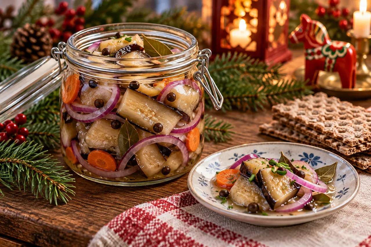 Vegansk sill på aubergine med rödlök och kryddpeppar