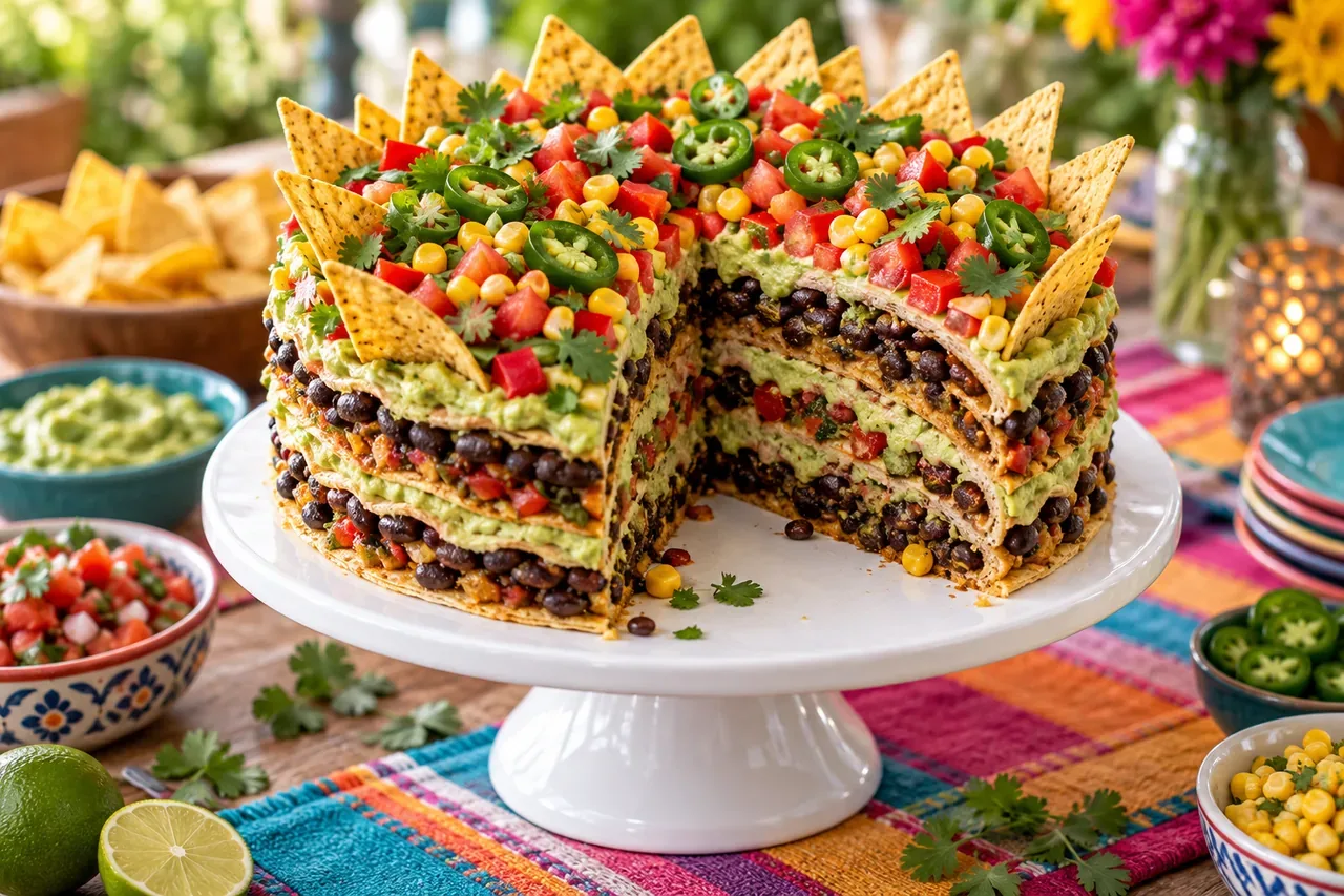 Vegansk tacotårta med svarta bönor och avokadokräm