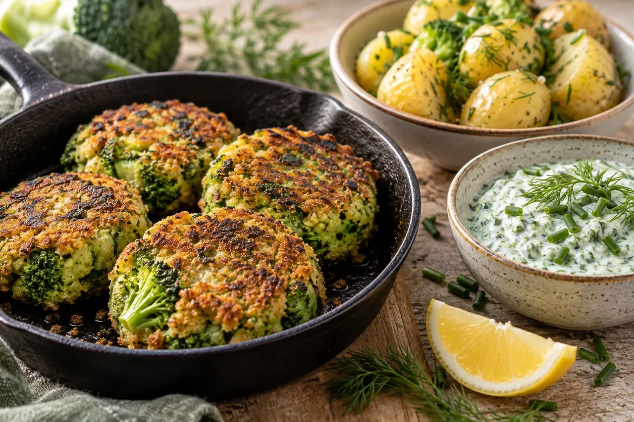 Veganska broccolibiffar med örtsås och potatis