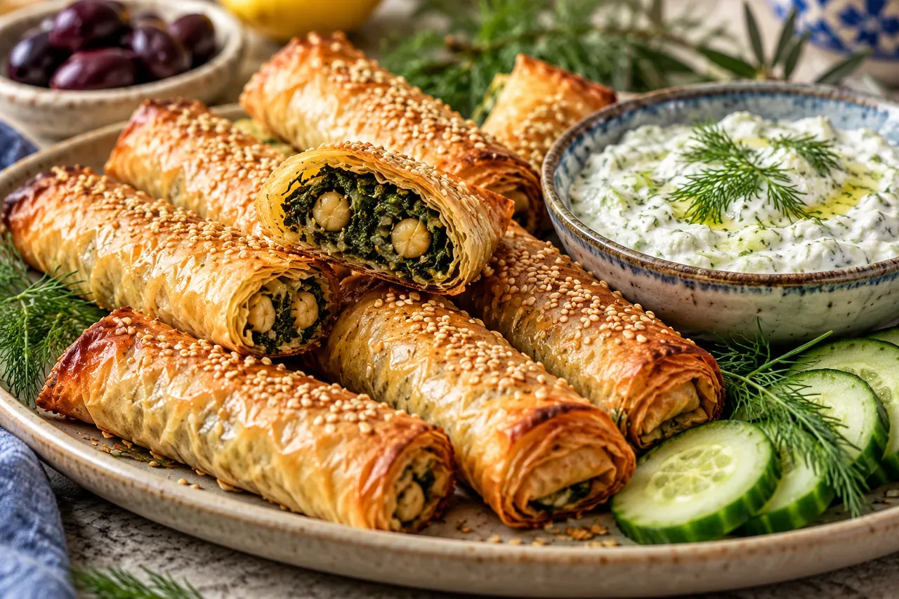 Veganska filodegsrullar med spenat och kikärtor