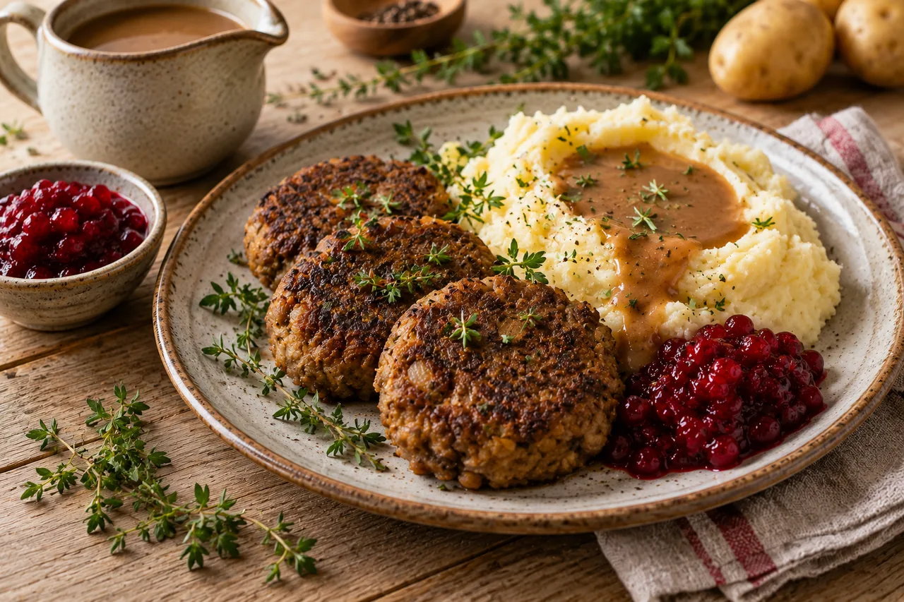 Veganska linsjärpar med brunsås och lingon